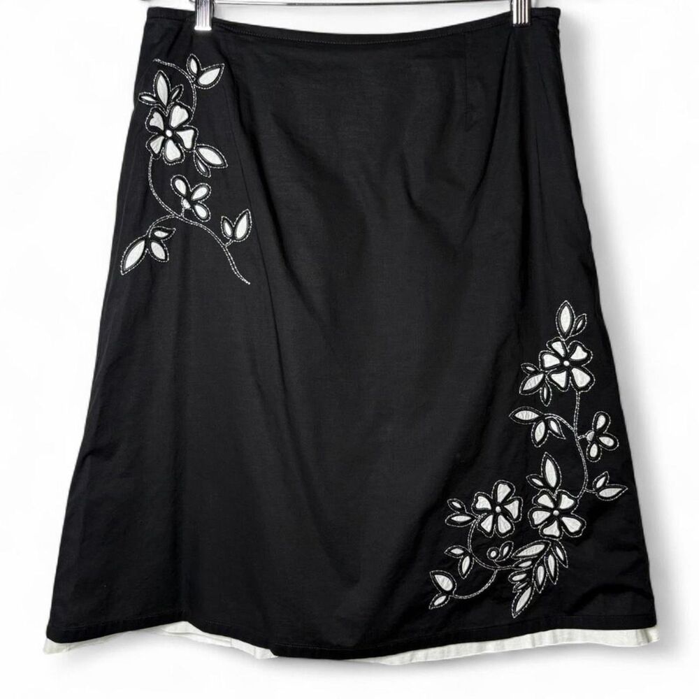 Y2K Black Cotton Midi Skirt White with 3D Floral Embroidery Layered Size 12